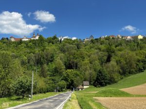 Eine malerische Landstraße für geführte Motorradtouren, gesäumt von Bäumen und zu einem farbenfrohen Bergdorf führend.