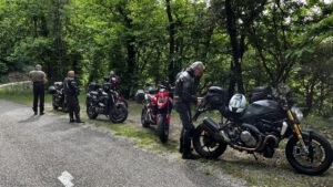 Motorradfahrer in Ledermontur halten neben ihren Motorrädern, darunter auch einem roten, an einer malerischen Waldstraße an.