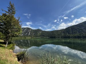 Genießen Sie eine geführte Motorradtour an einem ruhigen See mit üppigen Hügeln und Bäumen unter einem blauen, wolkenverhangenen Himmel.