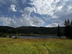 Eine friedliche Szene: Grasfeld, ruhiger See, bewaldete Hügel, teilweise bewölkter Himmel – ideal für geführte Motorradtouren.