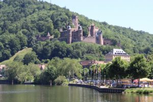 Eine Burg auf einem Hügel überblickt einen Fluss, gesäumt von üppigem Grün. Das sonnige Flussufer ist mit Flaggen und Sitzgelegenheiten gesäumt.