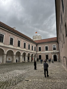 Historische rosafarbene Gebäude mit Bögen umgeben einen kopfsteingepflasterten Innenhof; auf einem entfernten Turm flattert die deutsche Flagge.