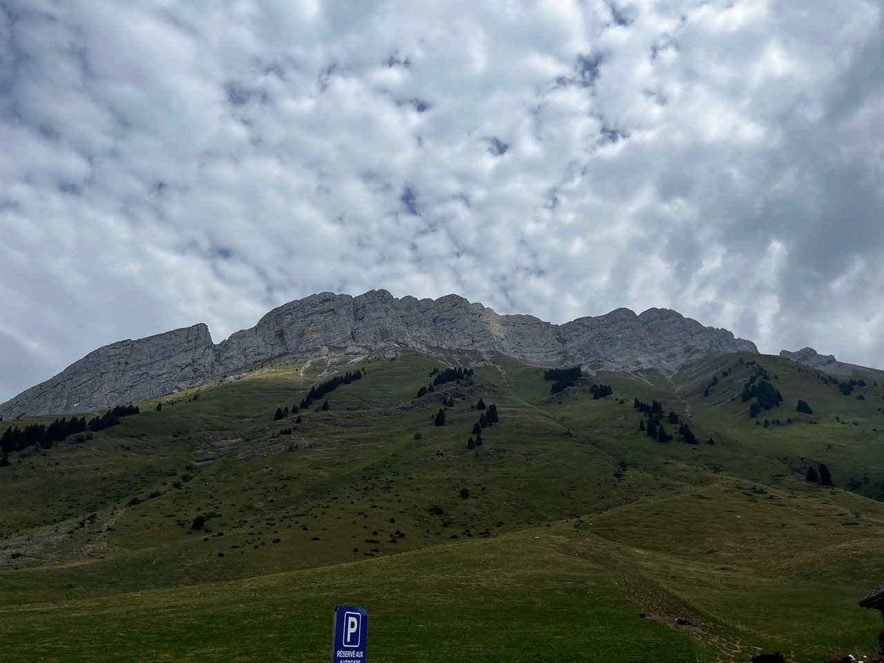 IMG_7486 Ein mit Bäumen übersäter, grasbewachsener Hügel führt unter einem bewölkten Himmel hinauf zu felsigen Gipfeln; darunter steht ein blaues Parkschild.
