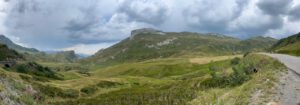 Sanft geschwungene grüne Hügel und Berge unter einem bewölkten Himmel, Wildblumen und eine kurvenreiche Straße auf der rechten Seite.