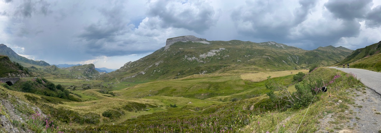 IMG_7492 Sanft geschwungene grüne Hügel und Berge unter einem bewölkten Himmel, Wildblumen und eine kurvenreiche Straße auf der rechten Seite.
