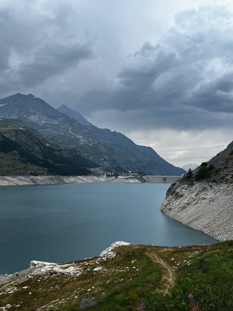 IMG_7497 Ein Bergsee mit felsigen Ufern, bewölktem Himmel, einem weit entfernten Staudamm und Wildblumen auf grünen Hängen.