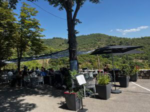 Die Gäste speisen in einem Restaurant im Freien unter Schattennetzen, umgeben von viel Grün und mit malerischem Blick auf die Hügel.